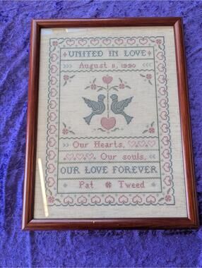 Framed Cross-Stitch Wall Art 'United in Love' with Date and Names